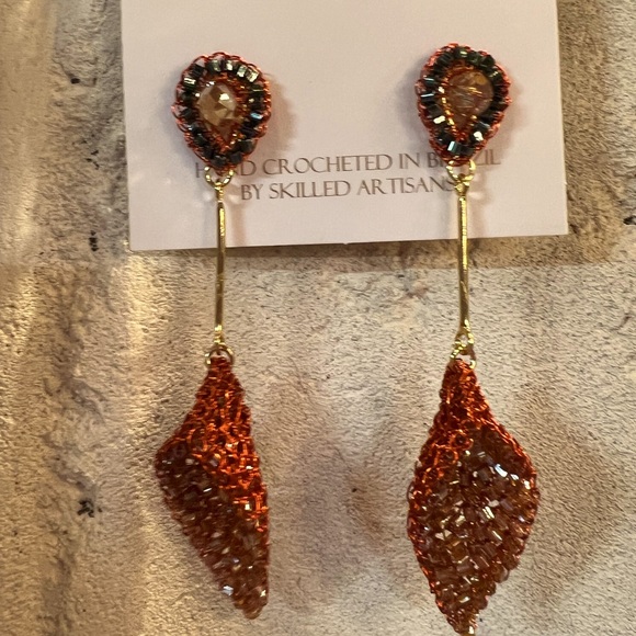 Lavish NWT Rust & Gold Tone Hand Crocheted Beaded Drop Post Earrings (J055) - Picture 5 of 9